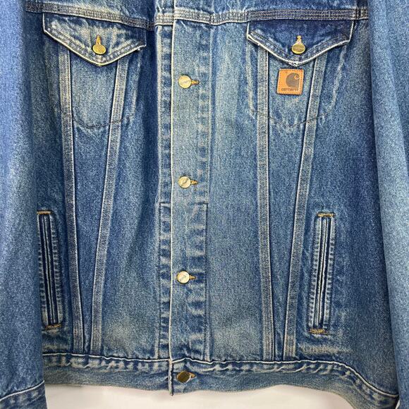 Carhartt Men Trucker Jacket Logo Patch Lined Blue Denim Distressed Size 3XL Tall - Picture 5 of 14